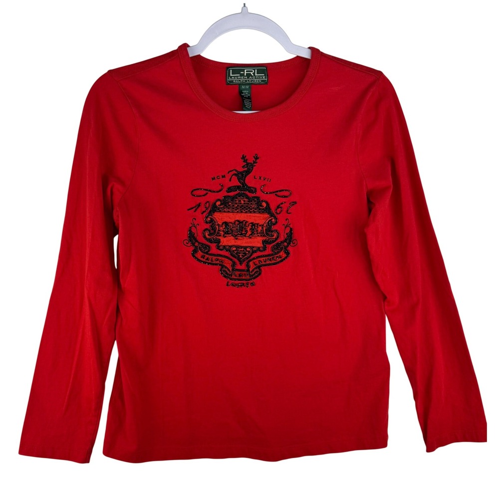 Lauren Active‎ Ralph Lauren Red Long Sleeve Beaded Crest Graphic Tee Shirt M